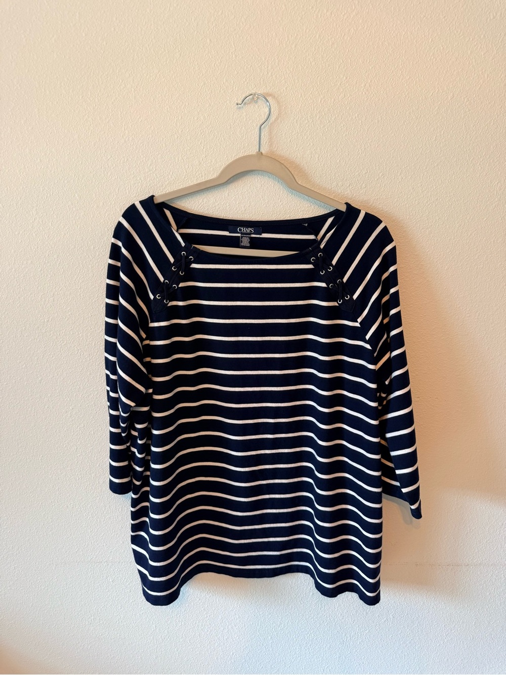 Chaps Navy and White Striped Lace-Up Shoulder 3/4 sleeve Top